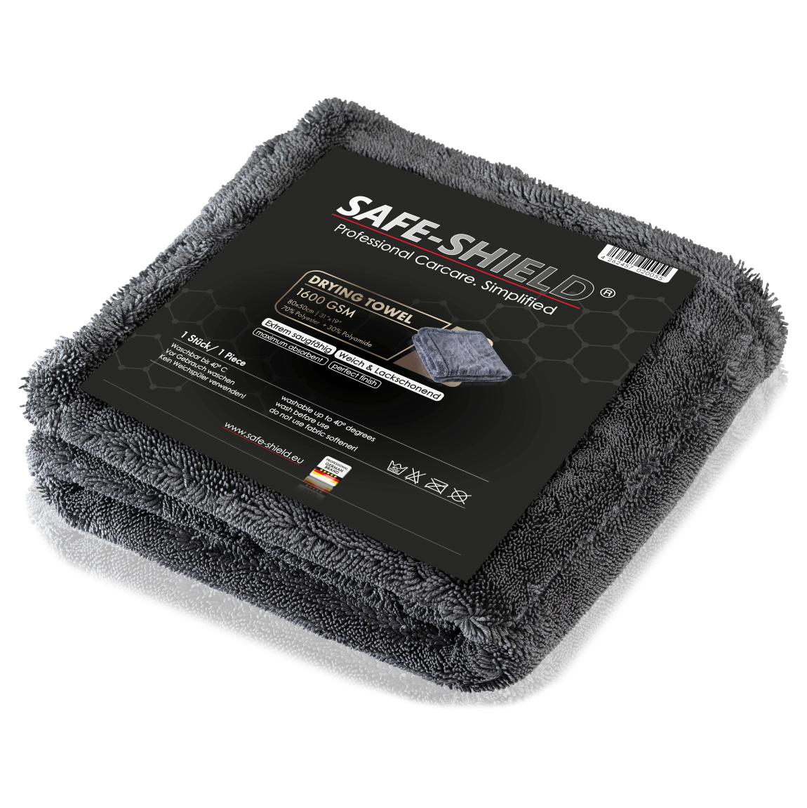 Safe-Shield Auto-Trockentuch mit grauer Twisted-Loop-Mikrofaser.
