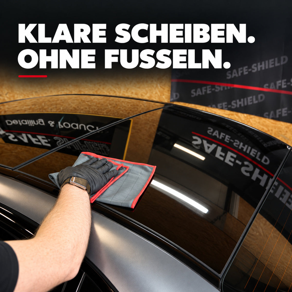 Illustrative Darstellung der Autoglasreinigung mit einem Carbon-Tuch: Klare Scheiben. Ohne Fusseln.
