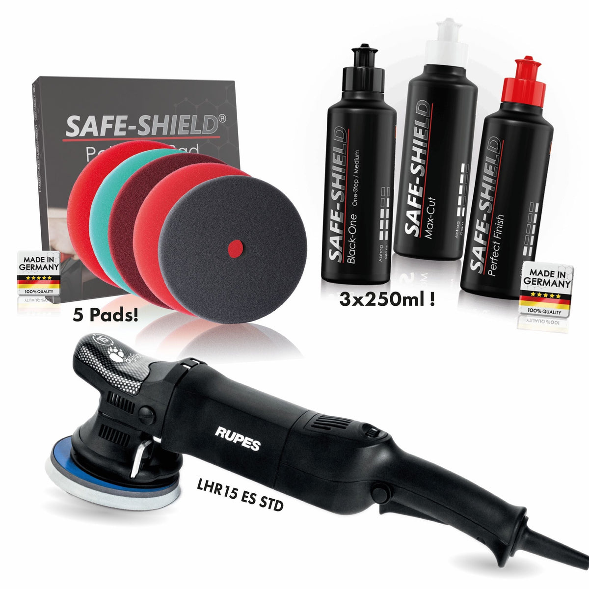 Polierset mit RUPES LHR15 ES, Safe-Shield-Polituren und fünf Polierpads