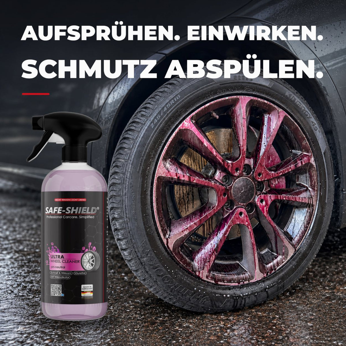 Safe-Shield Wheel Cleaner neben einer Felge mit violettem Wirkindikator.