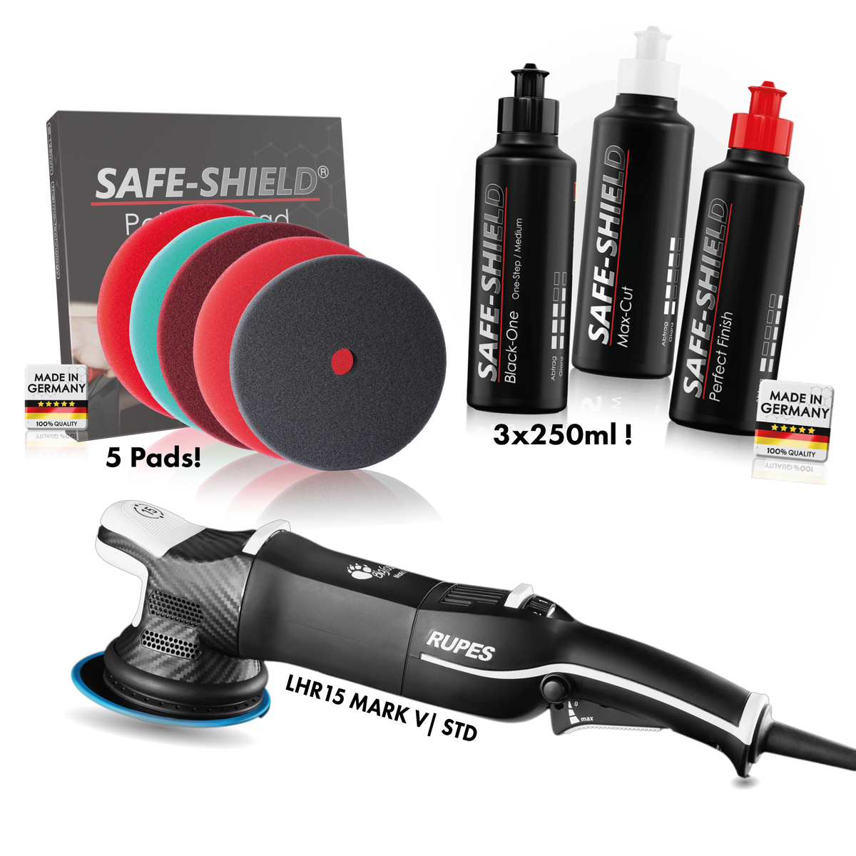 RUPES polisher with polishing pads and polishes.