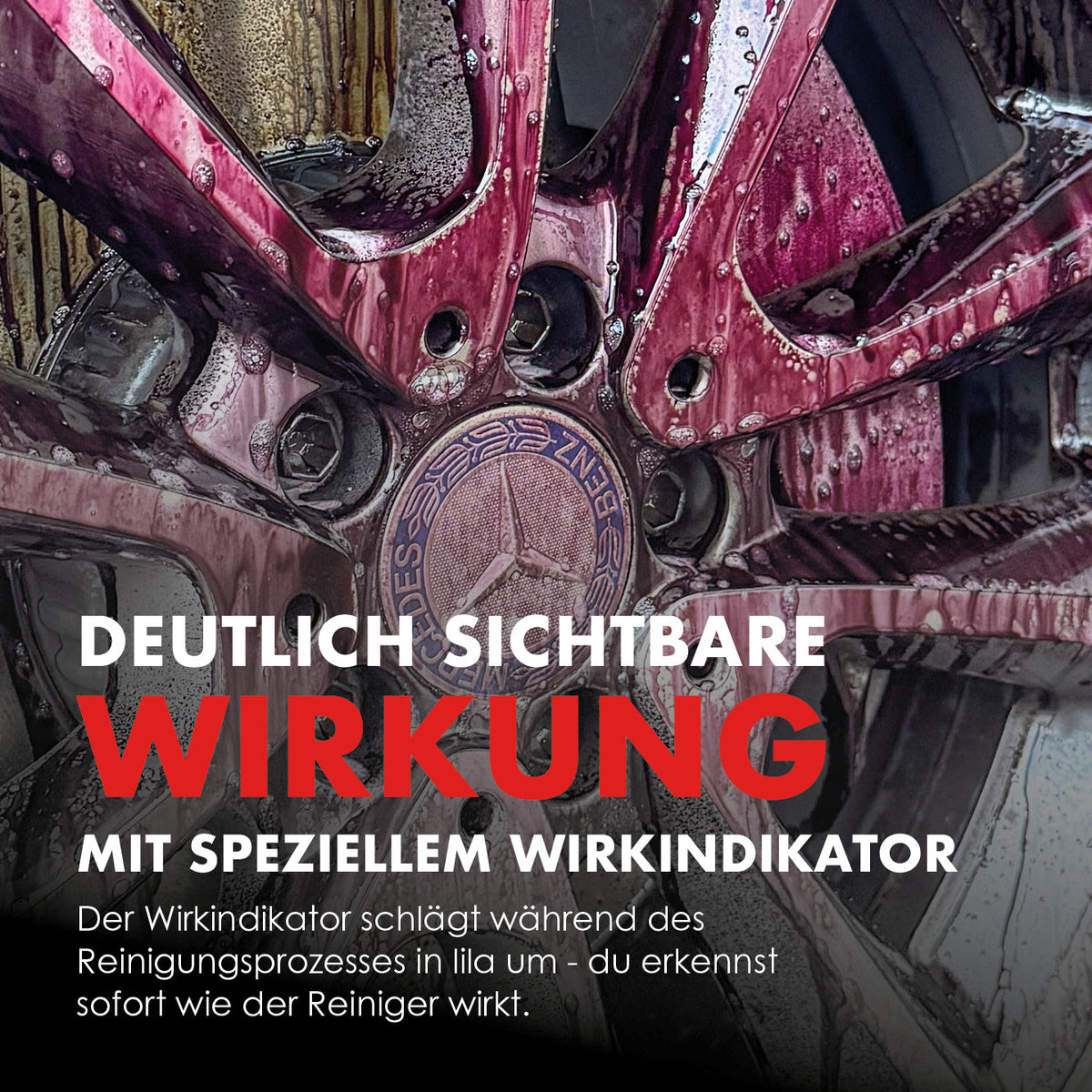 Violetter Wirkindikator bei der Reinigung von Bremsstaub auf einer Felge