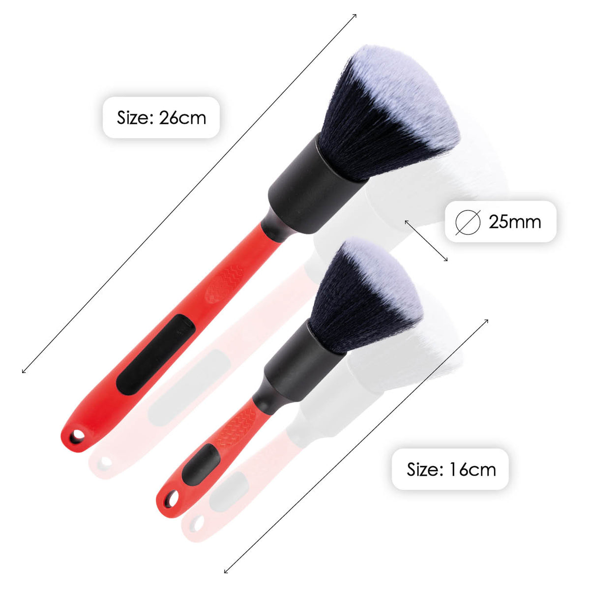 Dimensions of Soft detailing brushes: 16 and 26 cm, diameter 25 mm