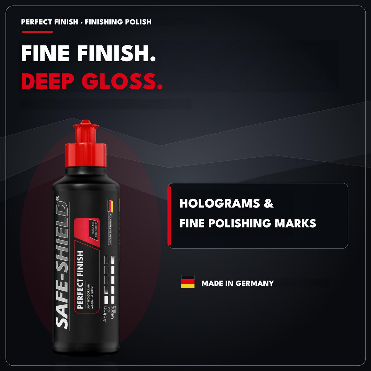 Safe-Shield Perfect Finish finishing polish for holograms and fine polishing marks, made in Germany.