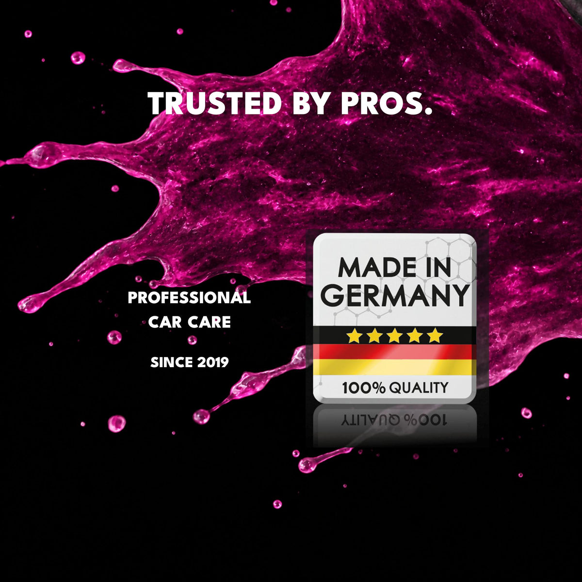 Safe-Shield professional car care products made in Germany since 2019, on the original purple splash background.