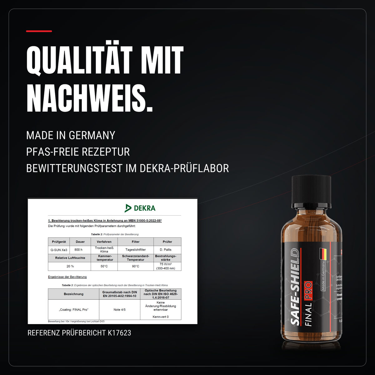 Final PRO Keramikversiegelung mit Prüfbericht eines DEKRA-akkreditierten Prüflabors
