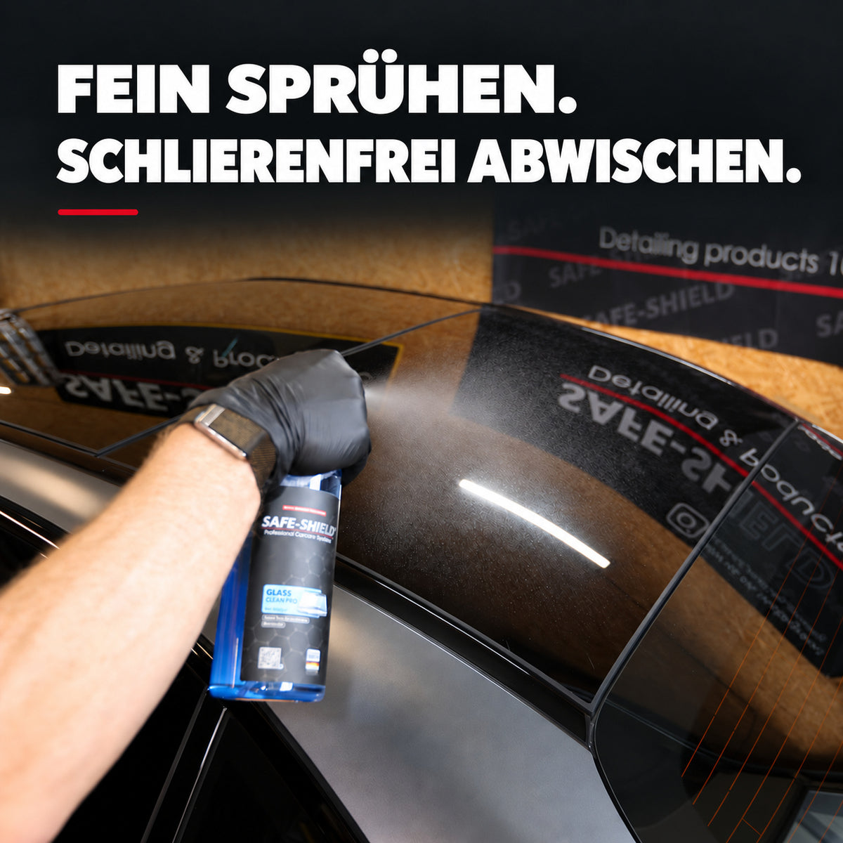 Safe-Shield Glas Reiniger Pro wird als feiner Sprühnebel auf Autoglas aufgetragen – fein sprühen, schlierenfrei abwischen.
