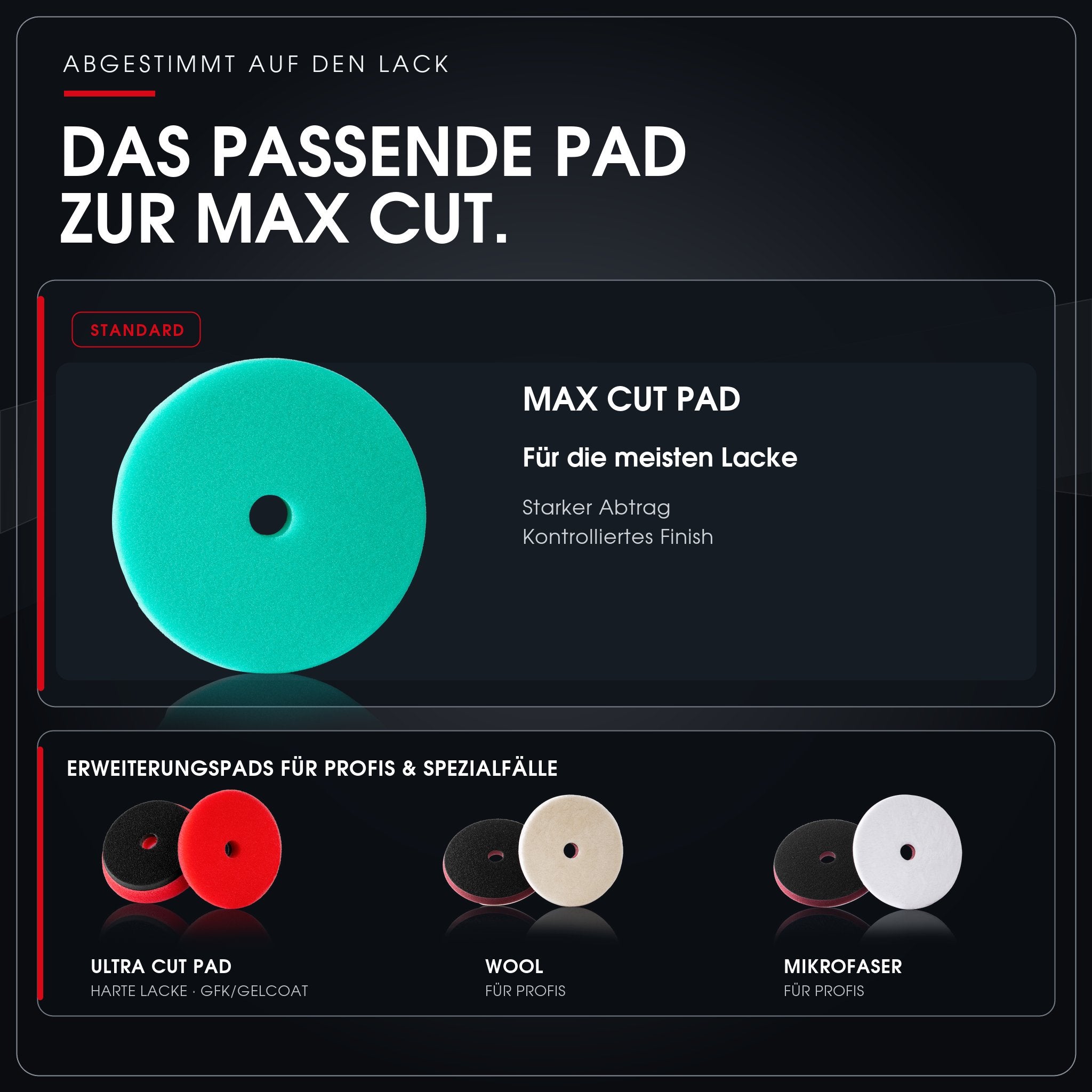 Empfohlene Padkombinationen für Max Cut – vom grünen Max Cut Pad bis zu Profi-Pads.