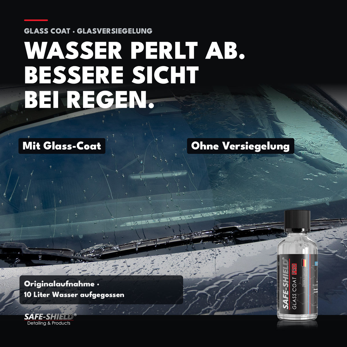 Glass-Coat Glasversiegelung im Original-Wassertest: behandelte und unversiegelte Frontscheibe nach dem Aufgießen von 10 Litern Wasser.