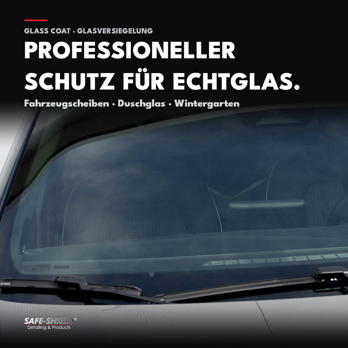 Glass-Coat für professionellen Schutz von Echtglas an Fahrzeugscheiben, Duschglas und Wintergärten.