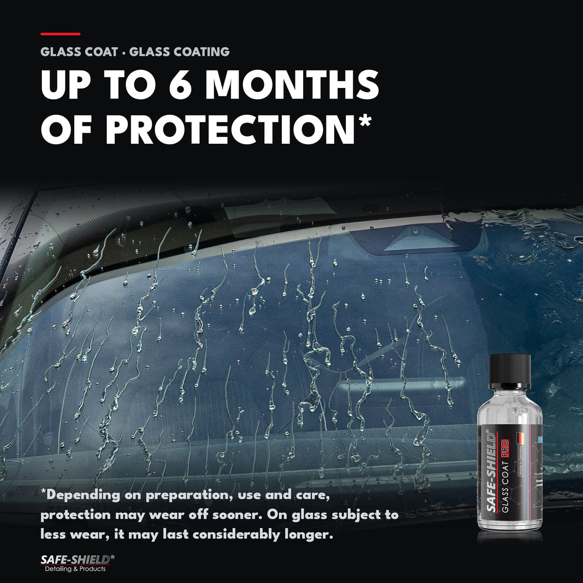 Glass-Coat glass coating with genuine water beading on a windscreen and up to 6 months of protection, depending on preparation, use and care.
