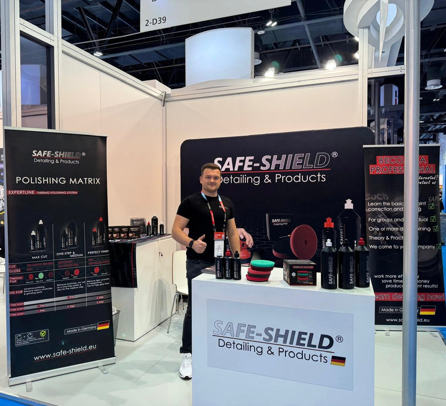 Tim Kohl at the Safe-Shield trade show stand in Dubai with products and polishing pads