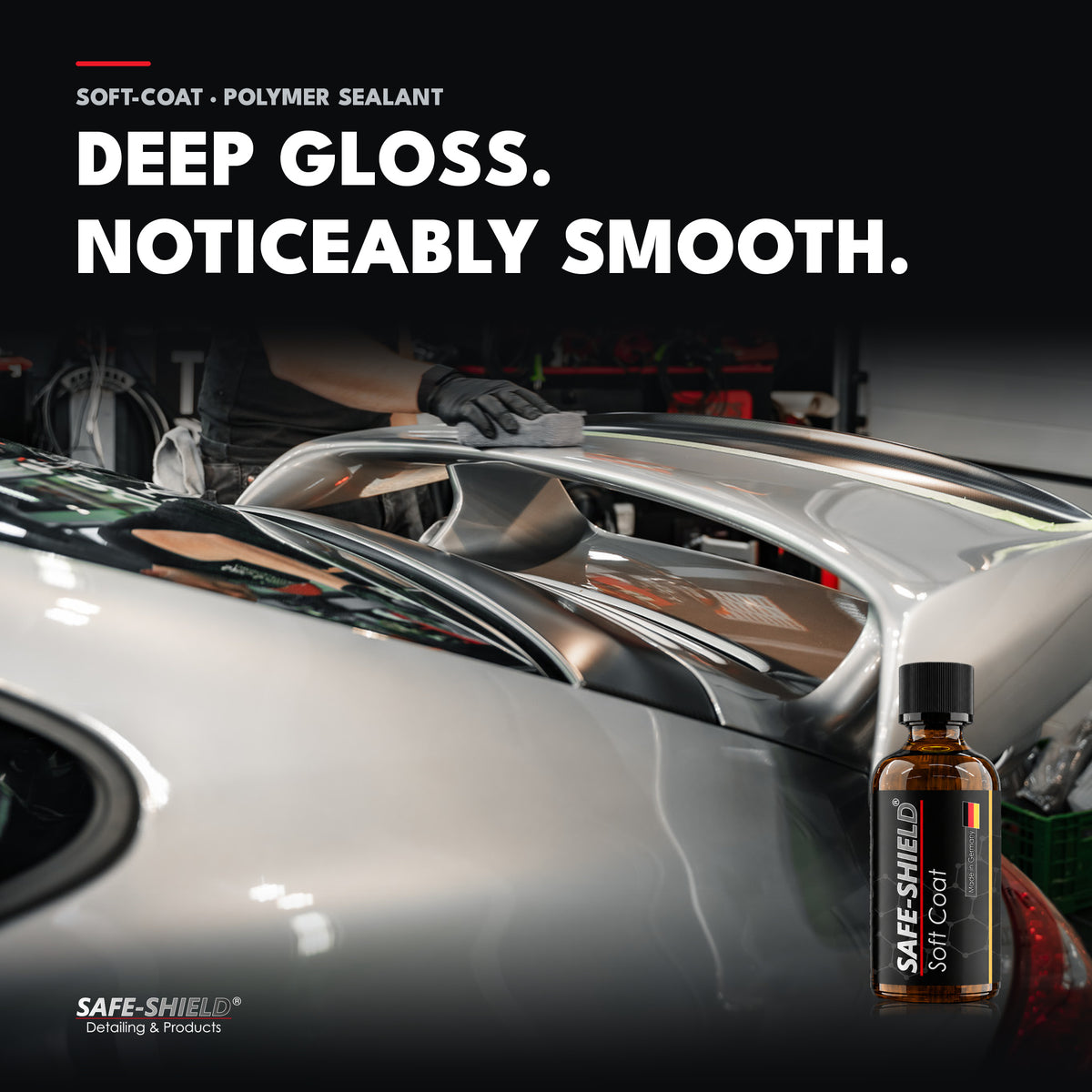 Soft-Coat polymer paint sealant for deep gloss and noticeably smooth paintwork, shown on a glossy vehicle surface.