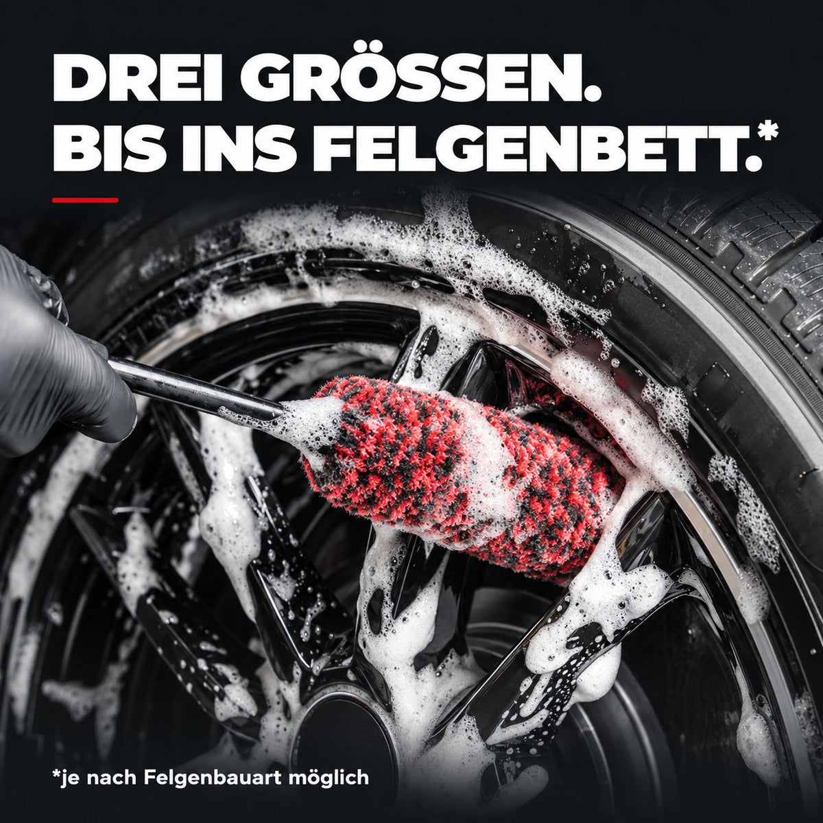 Safe-Shield FiberForce-Felgenbürste im Einsatz zwischen den Speichen. Drei Größen fürs Felgenbett, je nach Felgenbauart.